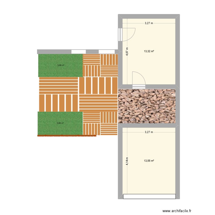EXTERIEUR AVANT TERRASSE BOIS. Plan de 2 pièces et 27 m2