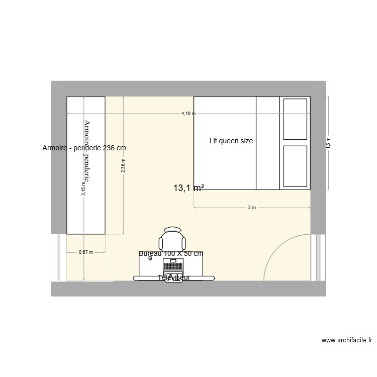 Chambre JM. Plan de 1 pièce et 13 m2
