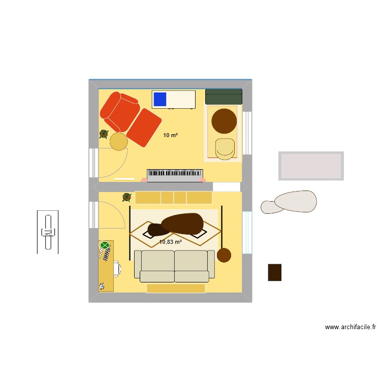 Salon 1 - current disposition. Plan de 2 pièces et 21 m2