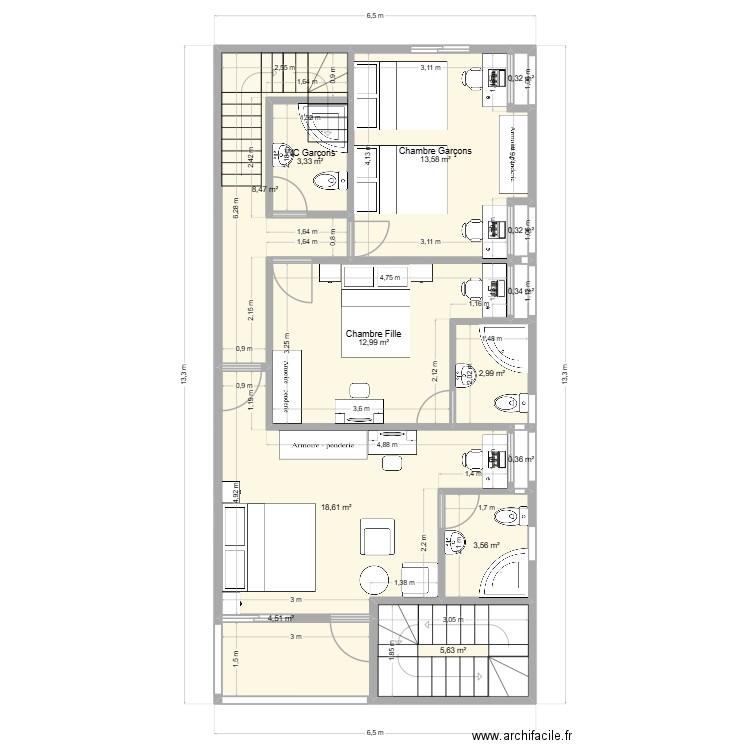 1er Niveau Limete meublé V2. Plan de 13 pièces et 75 m2