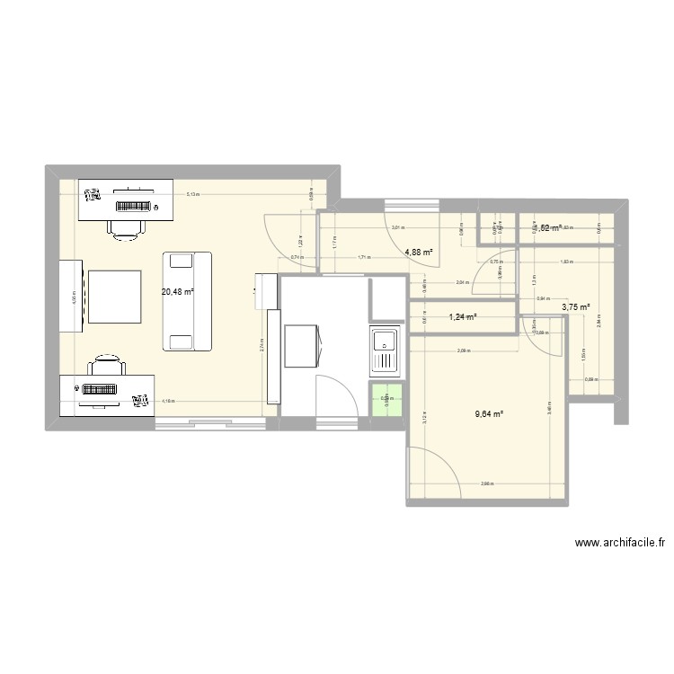 Appart. Plan de 6 pièces et 42 m2