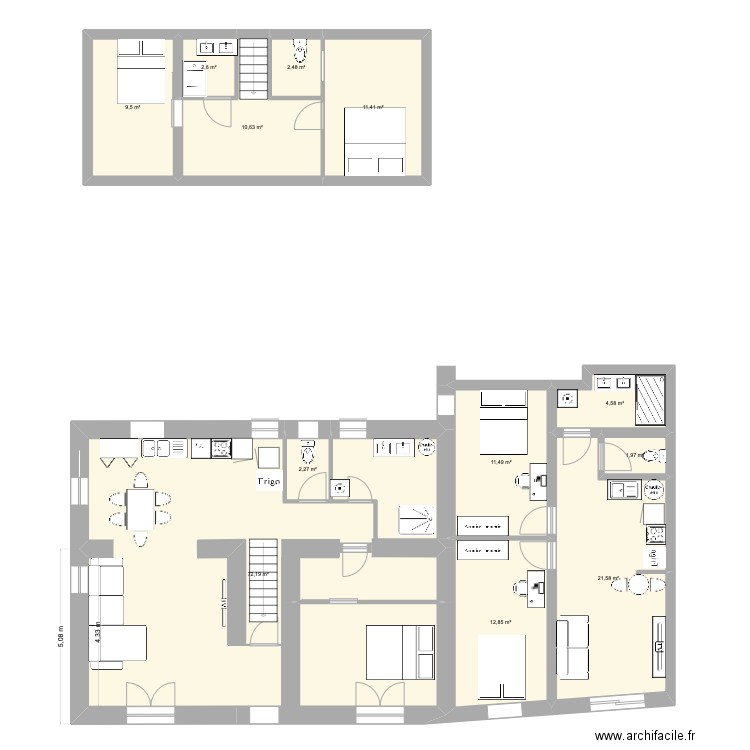 Maison toulousaine. Plan de 12 pièces et 164 m2