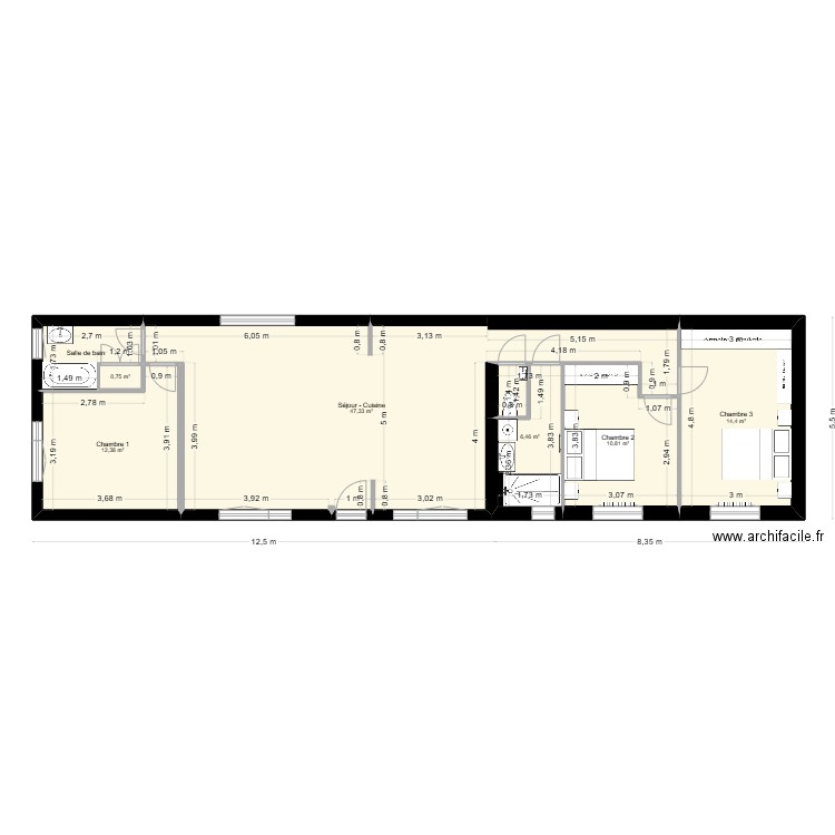 Plan projet Canard v5. Plan de 7 pièces et 96 m2