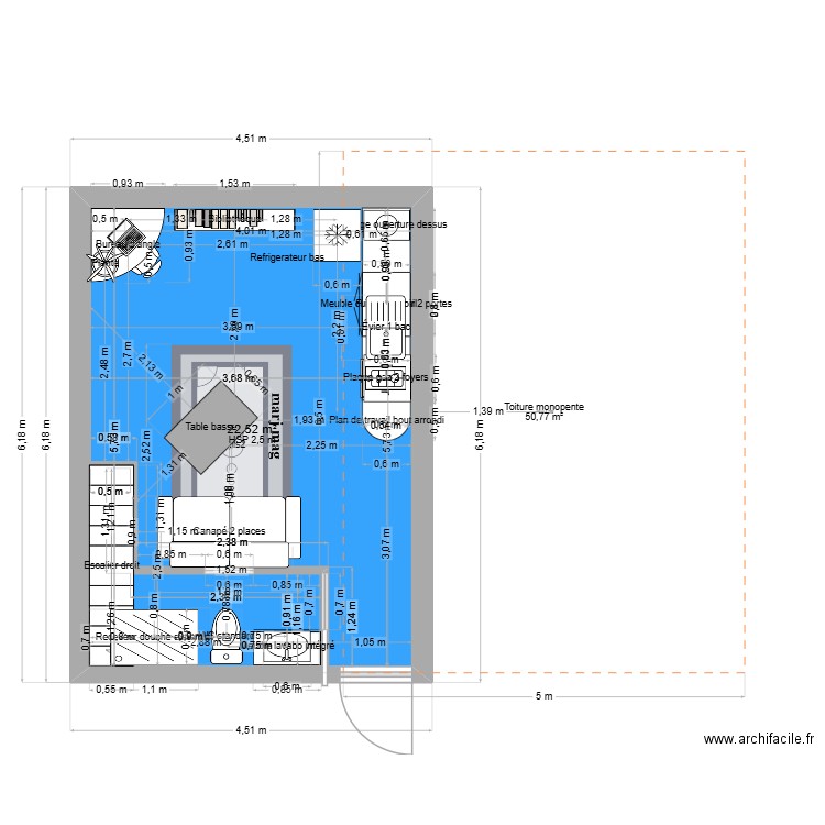 studio3 cuisine latteral. Plan de 1 pièce et 23 m2