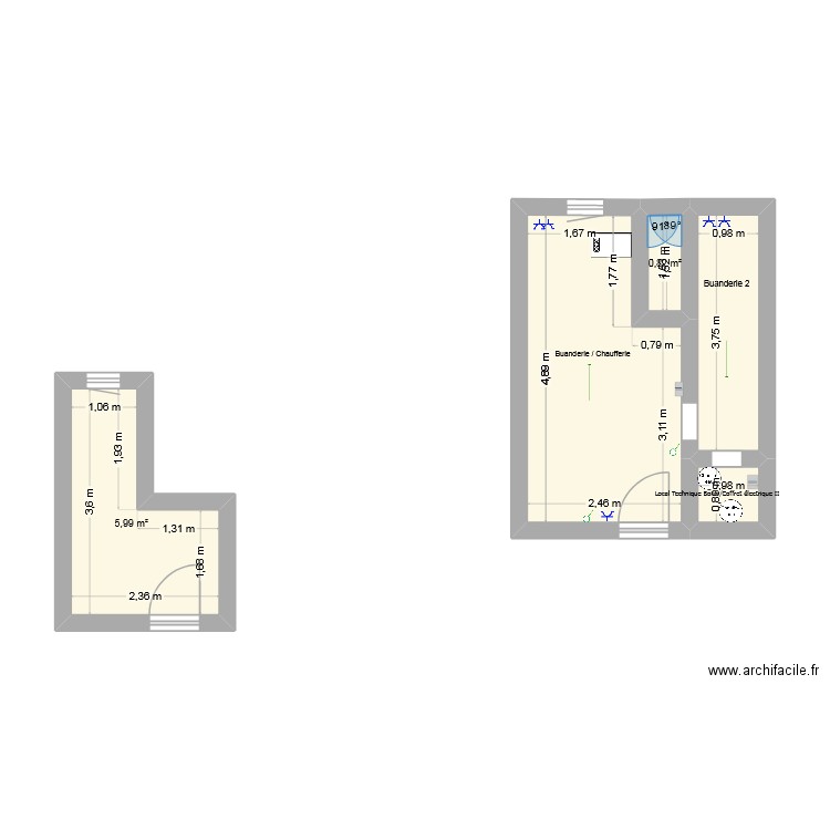 Buanderie 1 et 2 et Local Technique. Plan de 5 pièces et 22 m2