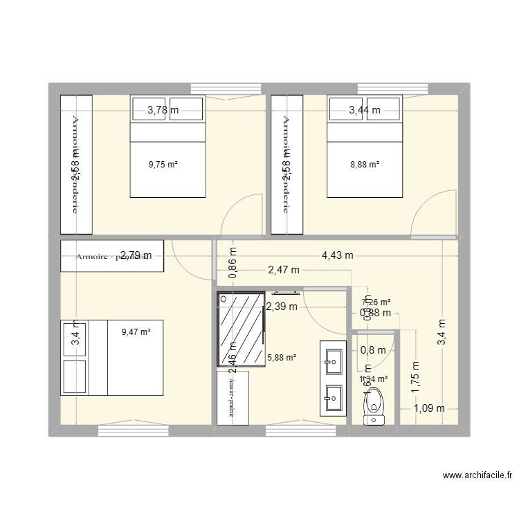 1er maison thym. Plan de 6 pièces et 43 m2