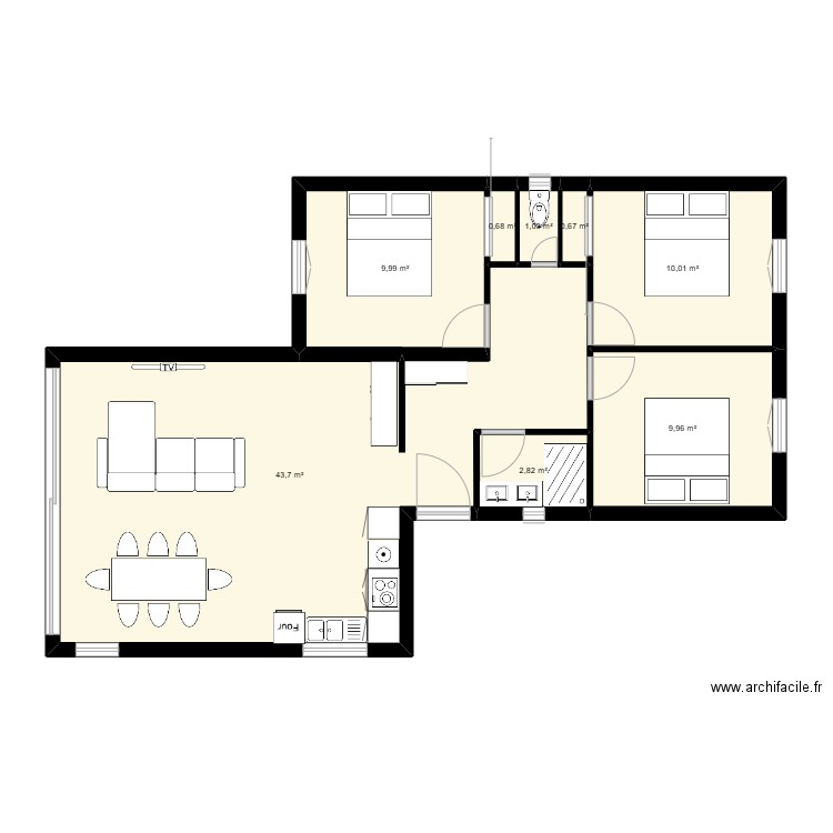 2 BLOCS décalés. Plan de 6 pièces et 80 m2