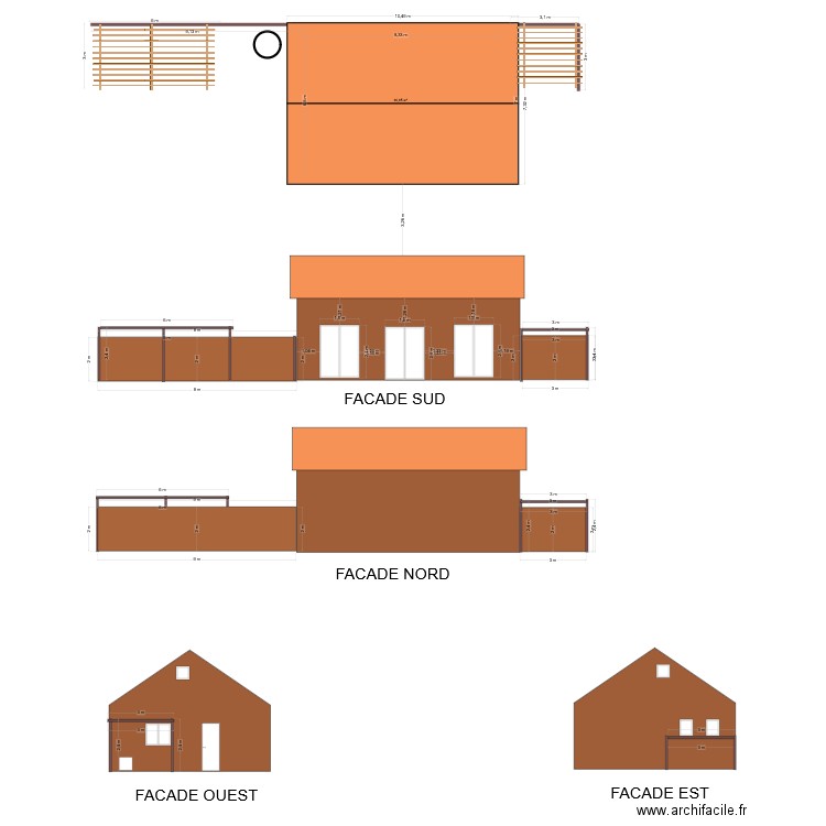 IMPLANTATION PERGOLA FACADE ET TOITURE. Plan de 1 pièce et 61 m2