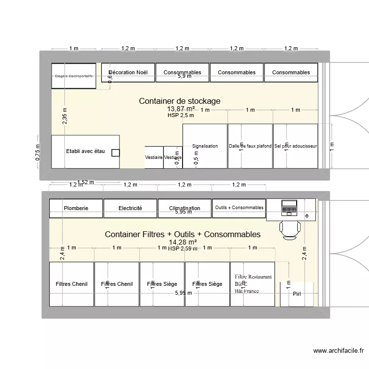 Container. Plan de 2 pièces et 28 m²