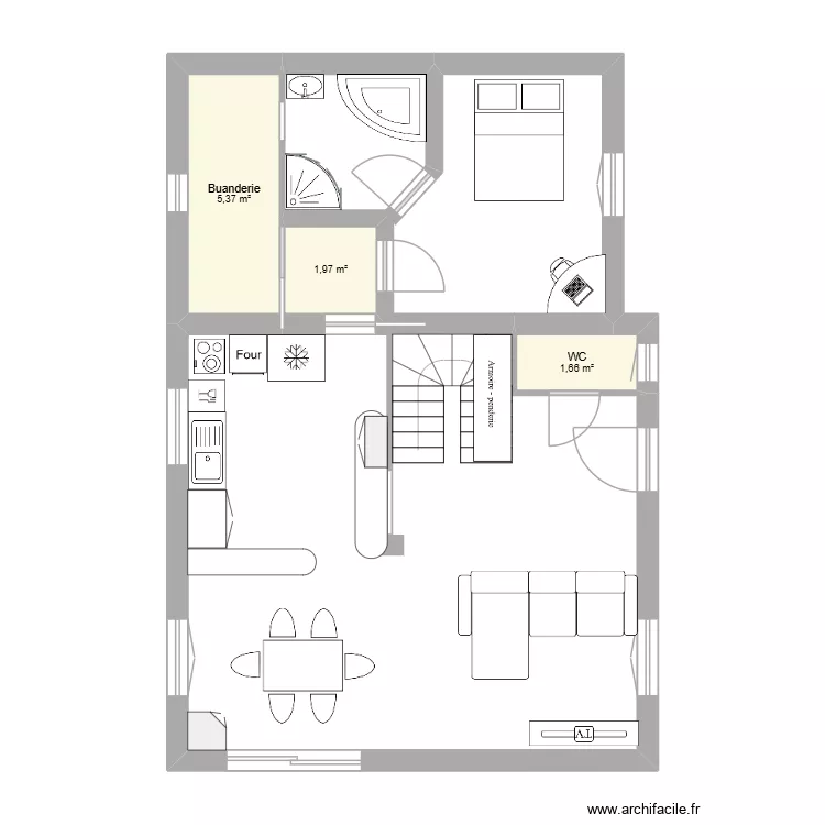 Colette - cuisine. Plan de 12  et 53 m²
