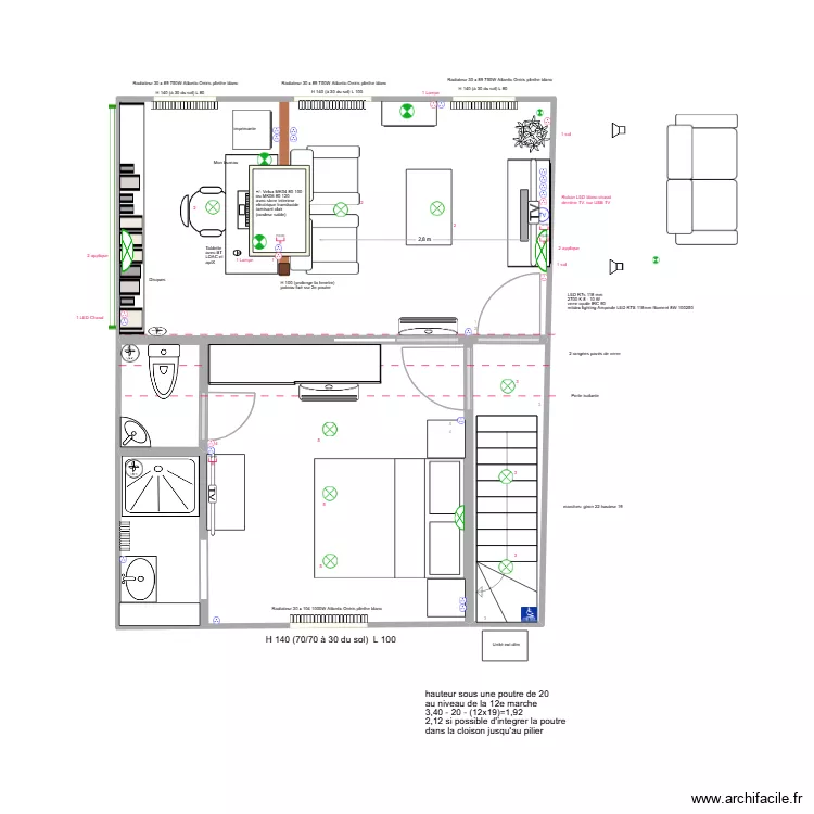 Salon + chambre. Plan de 3  et 37 m²