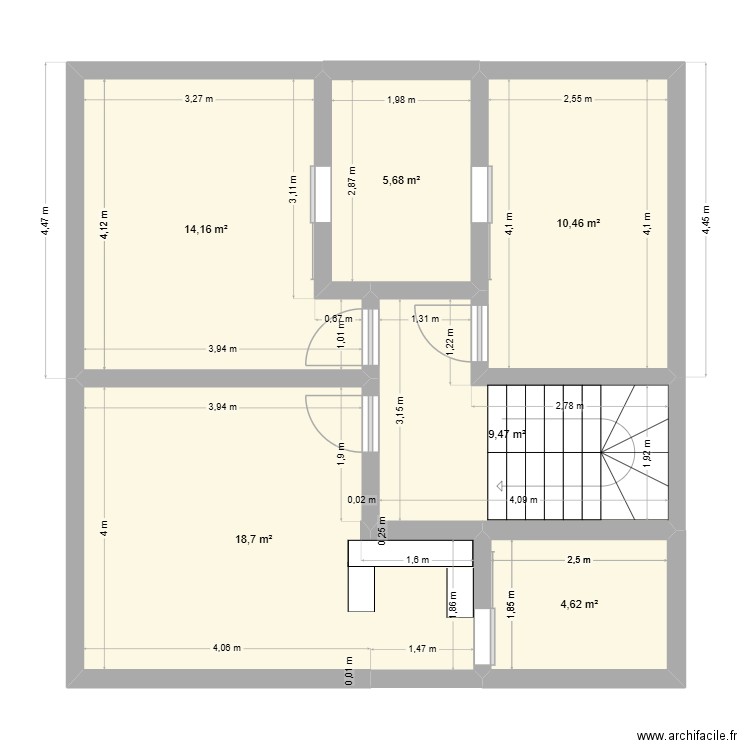 Maison 1er étage. Plan de 6 pièces et 63 m2