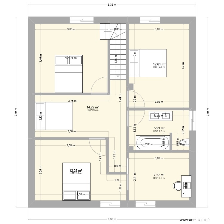 Esquisse maison 1 étage. Plan de 6 pièces et 65 m2