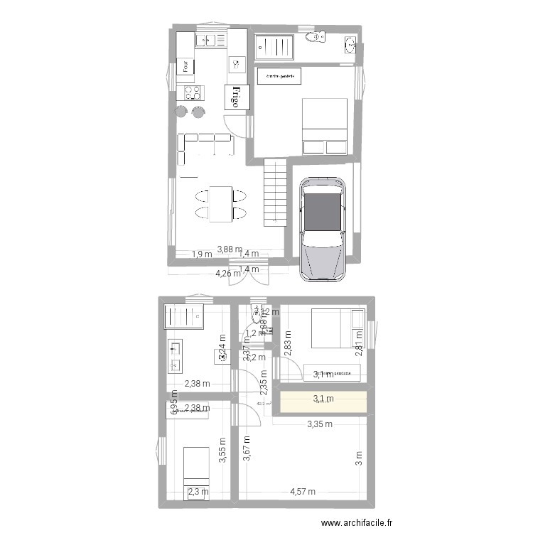 A construire. Plan de 2 pièces et 45 m2