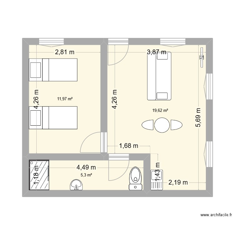 RDC BAT GAUCHE. Plan de 3 pièces et 37 m2