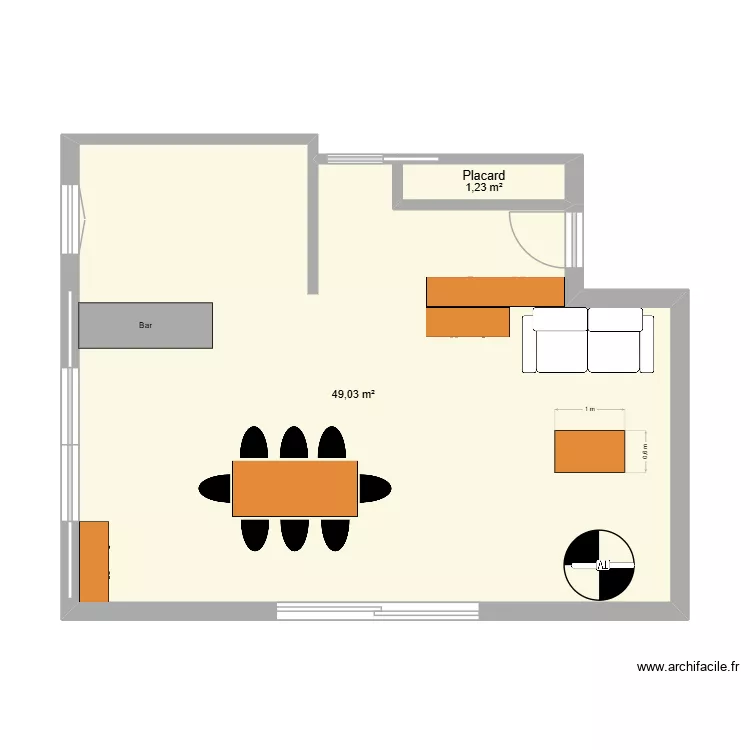 Salon chiroulbb. Plan de 2 pièces et 50 m²