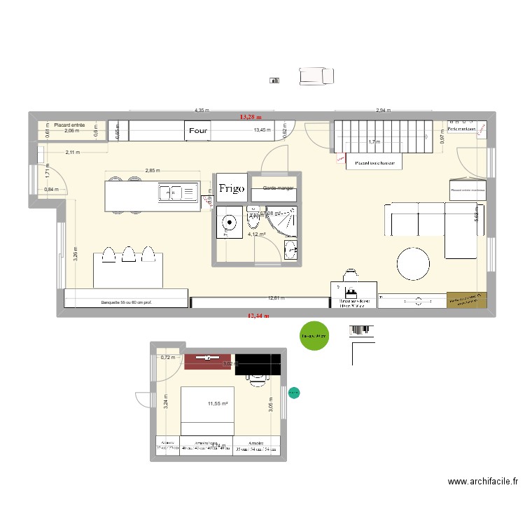 Maison RDC_AVEC EXTENSION_décroché Déclinée. Plan de 3 pièces et 88 m2