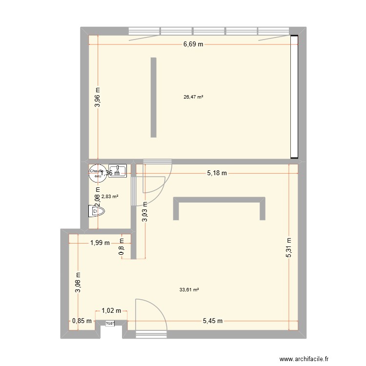 lot 22 docteur gyre aménagement apres travaux. Plan de 3 pièces et 63 m2