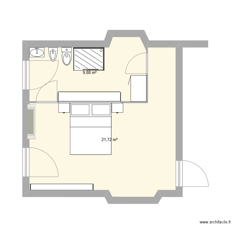 chambre et salle d\'eau. Plan de 2 pièces et 32 m2