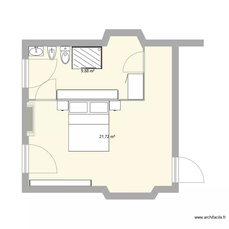 chambre et salle d\'eau. Plan de 2 pièces et 32 m²