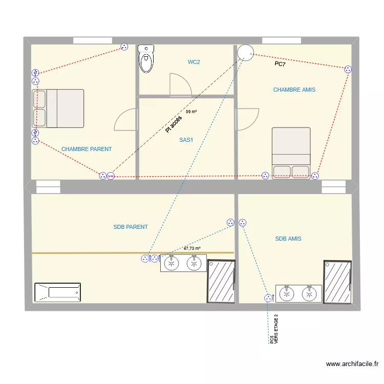 ETAGE1 PRISES. Plan de 2 Pièces et 107 m²