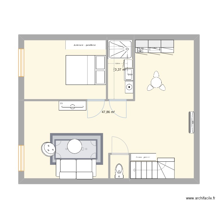 Combles. Plan de 2 pièces et 51 m2