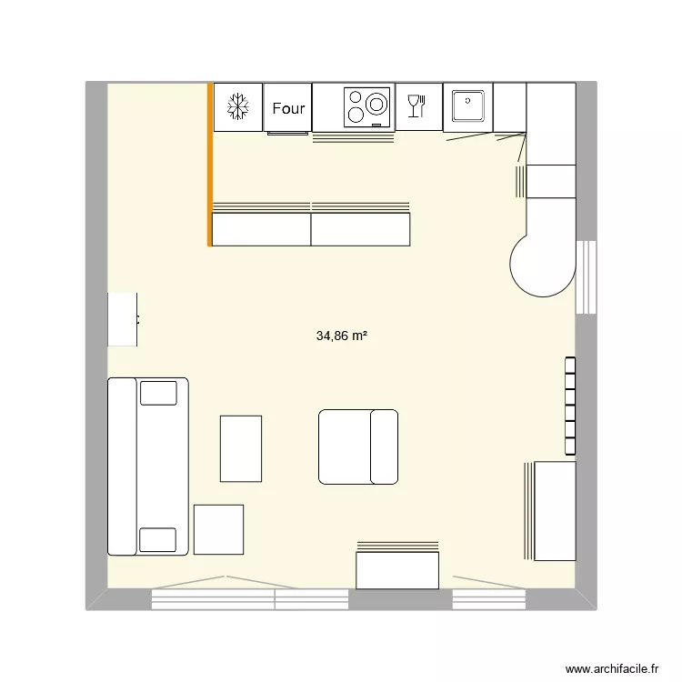 s&eacute;jour cuisine. Plan de 1  et 35 m²