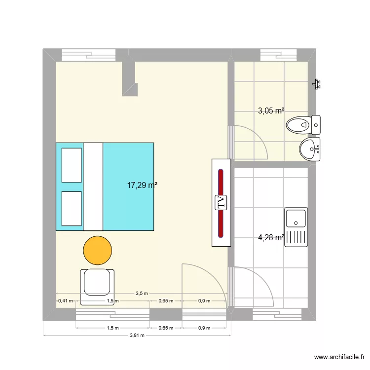 STUDIO. Plan de 3  et 25 m²