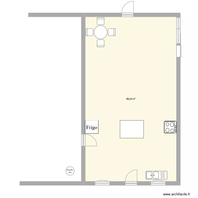 cuisine. Plan de 1 Pièce et 69 m²