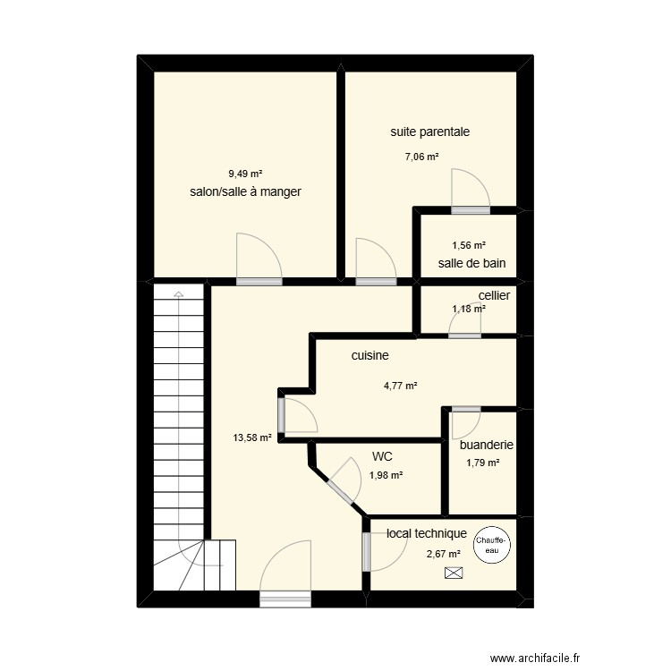étage 1 projet techno. Plan de 9 pièces et 44 m2