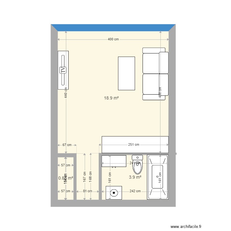 Studio. Plan de 3 pièces et 24 m2