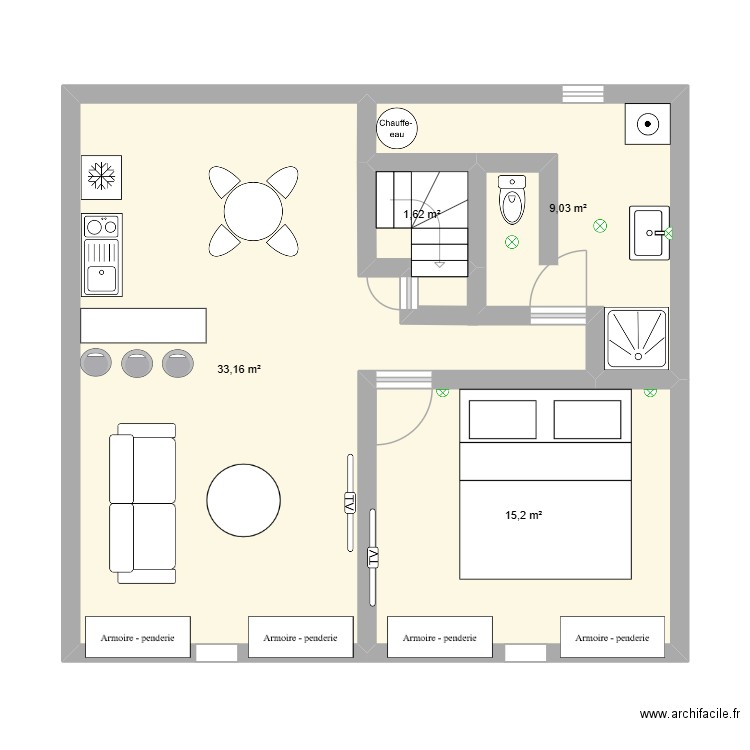 Comble Thomas. Plan de 4 pièces et 59 m2