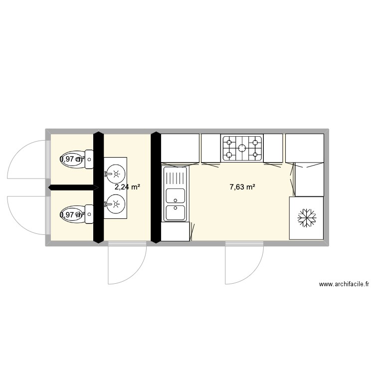 kitchen container. Plan de 4 pièces et 12 m2
