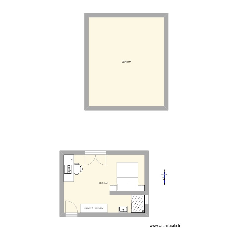Chambre Gwen avec tout. Plan de 2 pièces et 49 m2