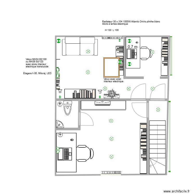 2 salons 1 fenetre sans couloir variante 2 meubles. Plan de 4 pièces et 37 m2