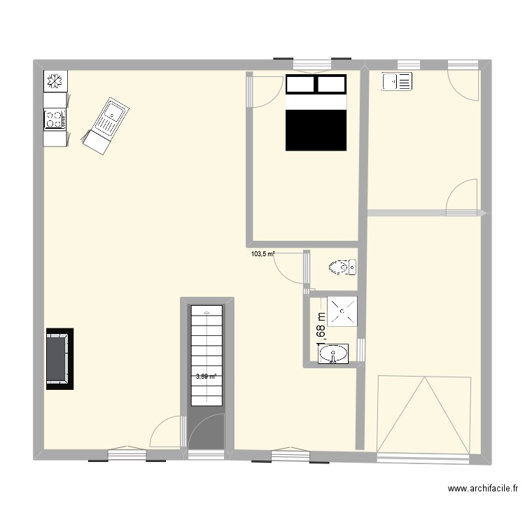 RDC. Plan de 2 pièces et 107 m2