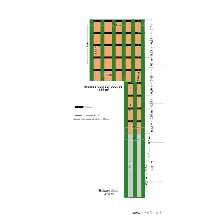 Implantation terrasse CHEVRONS. Plan de 2 pièces et 15 m2
