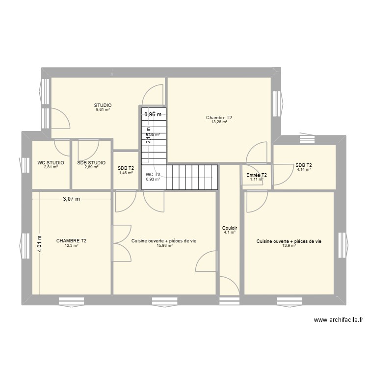 RDC Futur avec 2 T2 et un studio. Plan de 13 pièces et 85 m2