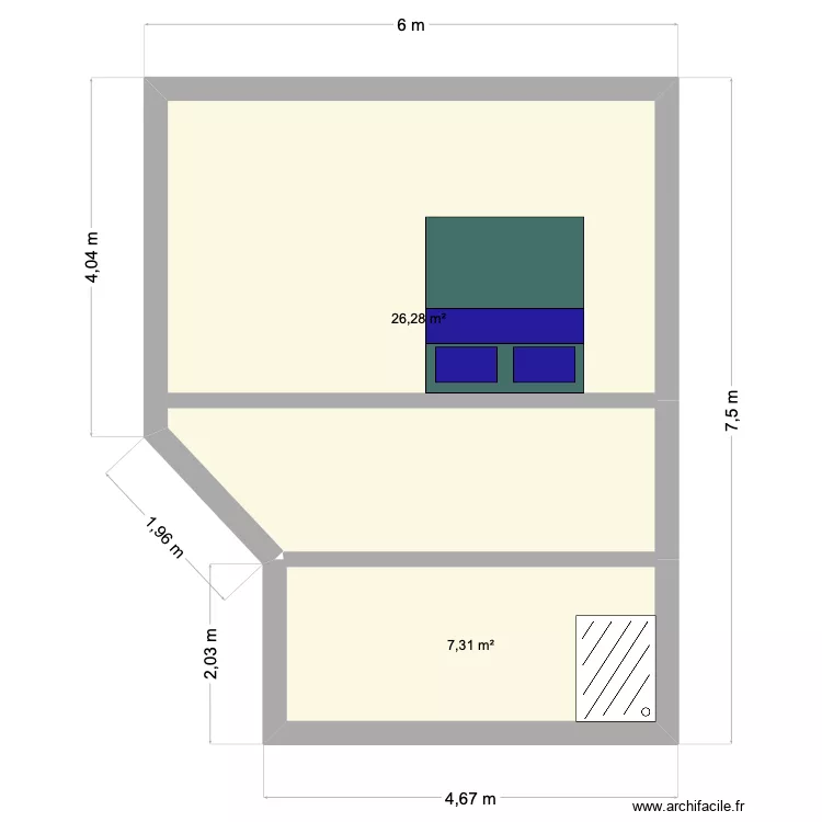 Suite parentale. Plan de 2  et 34 m²