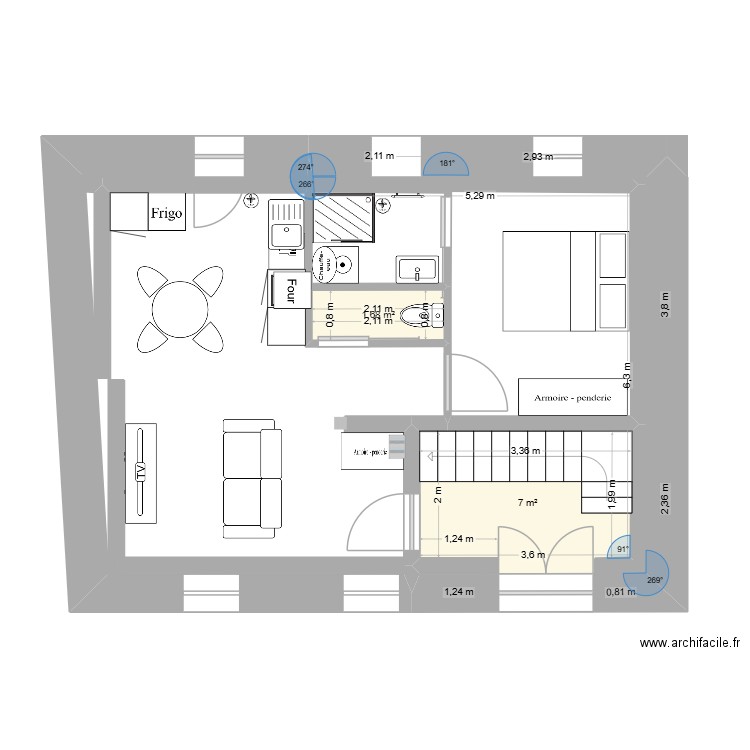 RDC 35 bis. Plan de 2 pièces et 9 m2