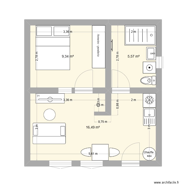 T2 Gond Pontouvre n°2. Plan de 3 pièces et 31 m2