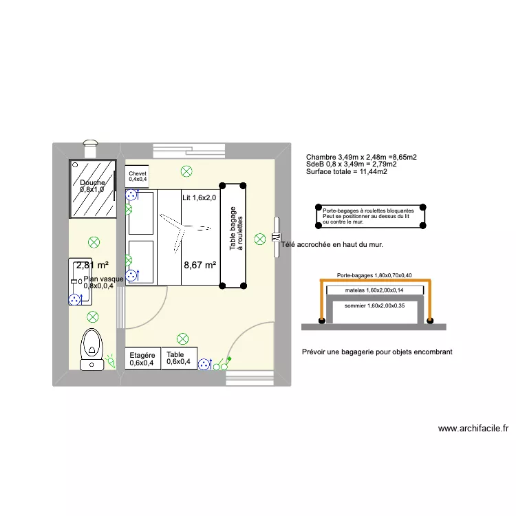 Chambre Hotel Mandroso Ivato. 1. Plan de 2  et 11 m²