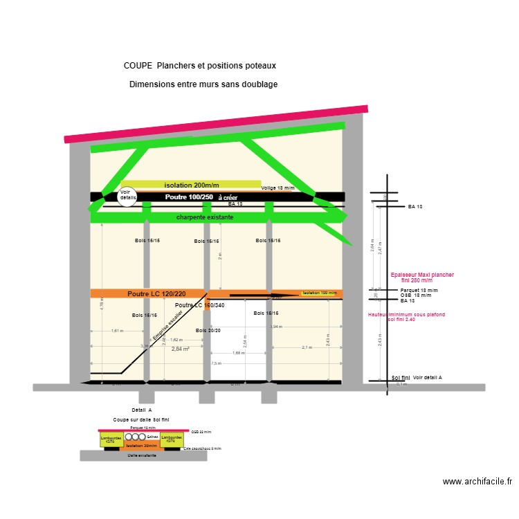 Coupe sur poteaux et poutres tous niveaux**. Plan de 11 pièces et 43 m2