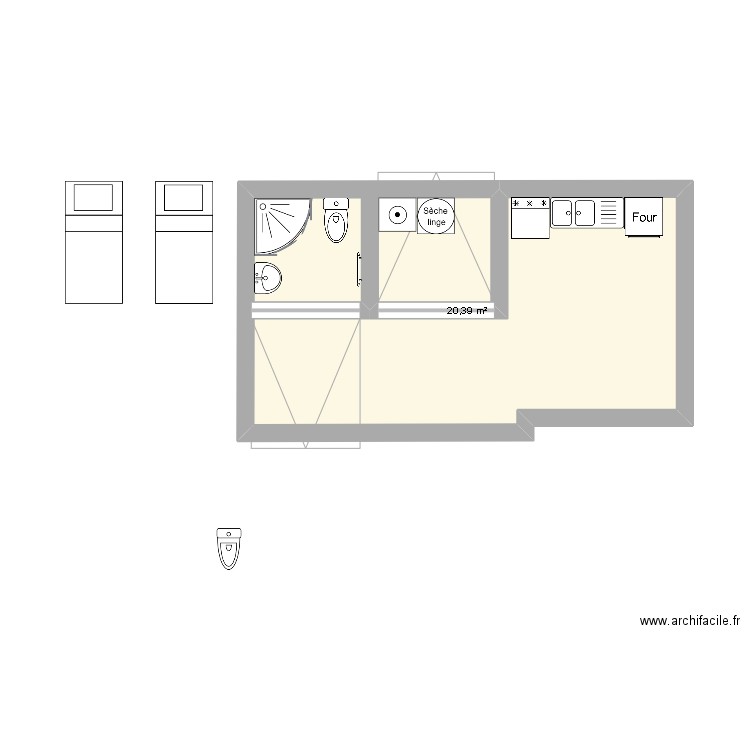 extansion. Plan de 1 pièce et 20 m2