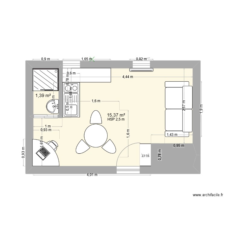 Benchekroum. Plan de 2 pièces et 18 m2