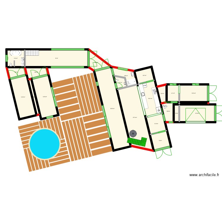 Maison container artiste étage. Plan de 23 pièces et 200 m2