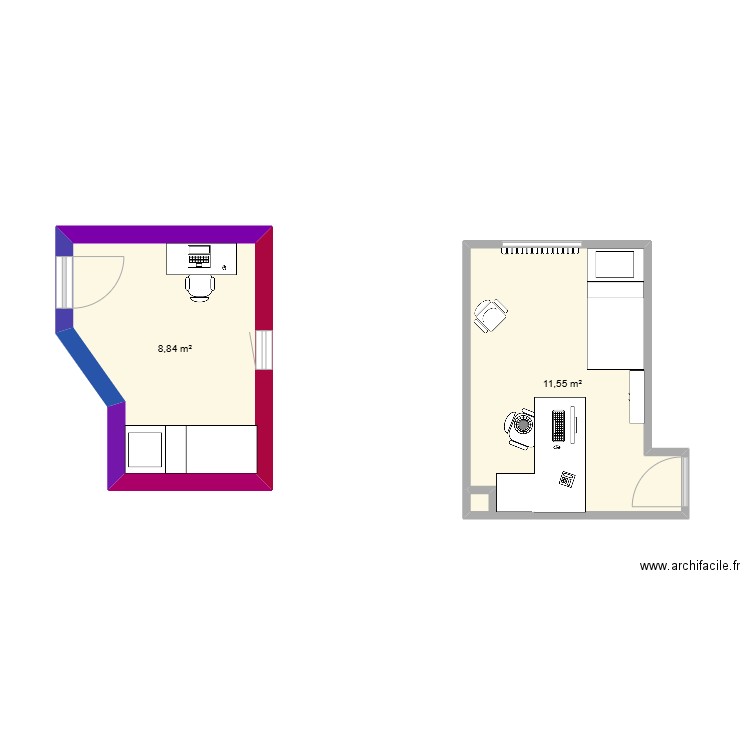 chambre douwy. Plan de 2 pièces et 20 m2