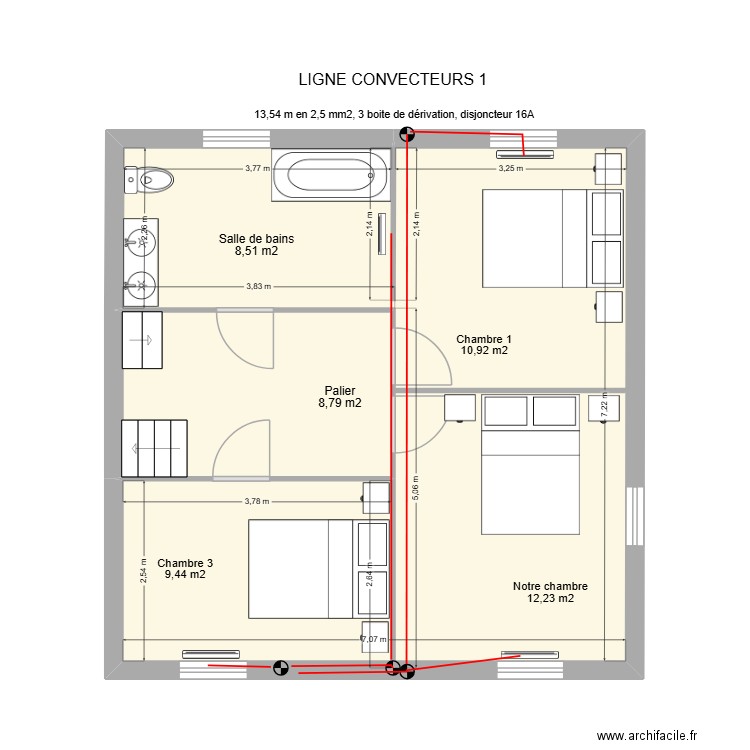 Ligne convecteurs 1. Plan de 2 pièces et 50 m2