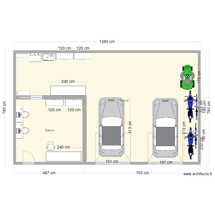 GARAGE. Plan de 2 pièces et 91 m2