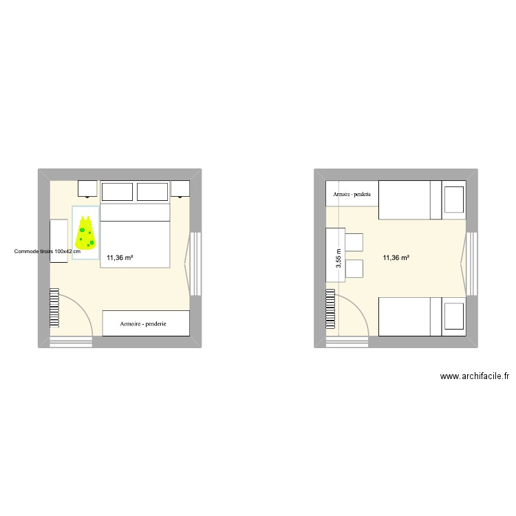 Chambre bleue version filles dedans. Plan de 2 pièces et 23 m2